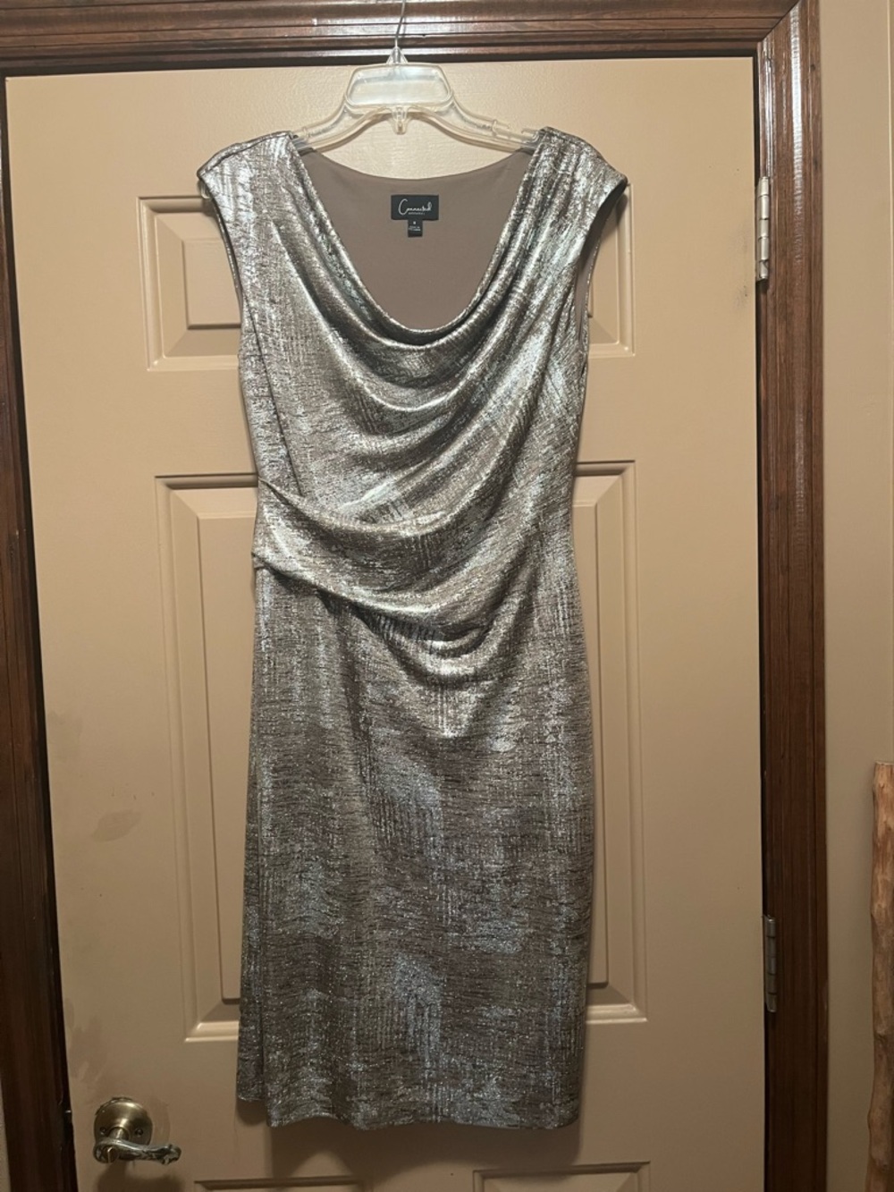 connected apparel Silver Metallic Cowl-Neck Midi Dress